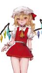  1girl :d ascot bare_legs blush choker cowboy_shot crystal drill_hair fang flandre_scarlet flat_chest hair_between_eyes hat heart heart_choker highres leaning_to_the_side mob_cap nail_polish one_side_up open_mouth pointy_ears red_eyes red_nails red_skirt red_vest reddizen short_hair short_hair_with_long_locks simple_background skin_fang skirt skirt_set smile solo touhou vest white_background wings wrist_cuffs yellow_ascot 