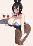 1girl absurdres alcohol animal_ears black_hair blue_leotard bow bowtie breasts cup detached_collar drink drinking_glass fake_animal_ears fake_tail fishnet_pantyhose fishnets gradient_background highleg highleg_leotard highres holding holding_tray kantai_collection large_breasts leotard oniken pantyhose pink_background playboy_bunny rabbit_ears rabbit_tail red_eyes short_hair solo strapless strapless_leotard tail takao_(kancolle) traditional_bowtie tray wrist_cuffs 