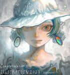  1girl artist_name blurry blurry_background close-up closed_mouth earrings english_text eyelashes gradient_background grey_hair haruwosi hat jewelry looking_at_viewer original portrait red_eyes short_hair sidelocks smile solo white_headwear 