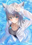  1girl animal_ear_fluff animal_ears arm_up black_one-piece_swimsuit blue_archive blue_eyes blue_halo blush breasts chakuma_(yiyh1468) competition_swimsuit cross_hair_ornament grey_hair hair_ornament halo highres in_water looking_at_viewer medium_breasts medium_hair mismatched_pupils multicolored_clothes multicolored_swimsuit official_alternate_costume one-piece_swimsuit shiroko_(blue_archive) shiroko_(swimsuit)_(blue_archive) shirt solo swimsuit two-tone_swimsuit wet wet_clothes wet_swimsuit white_shirt wolf_ears 