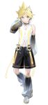  1boy arm_behind_back arm_behind_head arm_up black_choker black_leg_warmers black_shorts blonde_hair blue_eyes choker clothing_cutout collarbone detached_sleeves full_body hand_up headphones highres kagamine_len kagamine_len_(append) leg_warmers looking_at_viewer male_focus naoko_(naonocoto) navel navel_cutout parted_lips see-through see-through_sleeves shirt short_hair shorts simple_background sleeveless sleeveless_shirt solo standing standing_on_one_leg suspenders vocaloid vocaloid_append white_background white_footwear white_shirt 