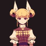  1girl 4qw5 :| alternate_hairstyle armor blonde_hair blunt_bangs breasts brown_background closed_mouth double_bun expressionless eyebrows_hidden_by_hair hair_bun hair_ribbon haniwa_(statue) joutouguu_mayumi medium_breasts pixel_art puffy_short_sleeves puffy_sleeves ribbon short_sleeves sidelocks simple_background solo straight-on touhou upper_body white_ribbon 