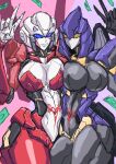  2girls arcee blue_eyes breasts breasts_squeezed_together colored_skin grotesquerampag helmet highres humanoid_robot large_breasts mask mecha_musume mechanical_wings mouth_mask multiple_girls nightbird_(transformers) robot thick_thighs thighs transformers v wings yellow_eyes 