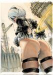  1girl ass back_cutout black_blindfold black_gloves black_hairband blindfold clothing_cutout construction_site cowboy_shot crane_(machine) feather-trimmed_sleeves from_behind from_below gloves hairband highleg highleg_leotard highres juliet_sleeves leotard long_sleeves looking_back nier:automata nier_(series) outdoors puffy_sleeves rodrigo_yoshimiya short_hair solo thighhighs traditional_media white_hair yorha_no._2_type_b 