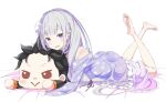  1girl :&gt; ass barefoot blush braid commentary_request crown_braid elf emilia_(re:zero) feet feet_up flower grey_hair hair_flower hair_ornament hair_ribbon highres koushin_ryo long_hair looking_at_viewer lying natsuki_subaru nightgown off_shoulder on_stomach open_mouth pajamas pointy_ears purple_eyes purple_pajamas purple_ribbon re:zero_kara_hajimeru_isekai_seikatsu ribbon rose simple_background solo stuffed_toy white_background white_flower white_rose 