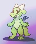  ambiguous_gender anthro cyan_melody freckles freckles_on_butt green_body green_scales hi_res horn kobold markings moss_the_kobold navel open_mouth scales scalie slightly_chubby solo spread_arms thick_thighs welcoming yellow_eyes 