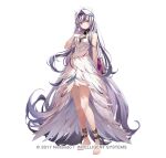  1girl ankle_cuffs bare_legs bare_shoulders barefoot black_choker black_hair book breasts chain choker copyright_name cuffs dress feather_hair_ornament feathers fire_emblem fire_emblem_engage fire_emblem_heroes gloves grey_hair hair_ornament holding holding_book kanda_done long_hair looking_at_viewer multicolored_hair multiple_girls official_art petite purple_eyes small_breasts smile solo thighs two-tone_hair very_long_hair veyle_(fire_emblem) wavy_hair white_gloves 