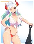  1girl absurdres bikini bikini_bottom_only blue_hair breasts brown_eyes cleavage covered_nipples dashi gradient_hair grin highleg highleg_swimsuit highres horns large_breasts long_hair looking_at_viewer multicolored_hair multicolored_horns one_eye_closed one_piece planted ponytail red_horns shirt sidelocks smile solo standing swimsuit tied_shirt underwear wet white_hair white_shirt yamato_(one_piece) yellow_horns 