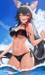  1girl ;d alternate_costume animal_ear_fluff animal_ears ayul_(ayulneri_92) bare_arms bare_shoulders bikini black_bikini black_hair breasts choker cleavage day fang front-tie_bikini_top front-tie_top highres hololive long_hair looking_at_viewer medium_breasts multicolored_hair navel one_eye_closed ookami_mio open_mouth orange_eyes outdoors ponytail red_choker side-tie_bikini_bottom smile solo standing stomach streaked_hair string_bikini swimsuit tail thighs underboob very_long_hair virtual_youtuber wading water wet wolf_ears wolf_girl wolf_tail 