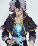  1boy absurdres black_clover black_hair blood blood_on_face clenched_hand clenched_teeth collarbone frown highres injury looking_at_viewer magic_circle magna_swing male_focus multicolored_hair nekoma_hikaru purple_hair serious short_hair solo teeth two-tone_hair 