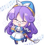  1girl :d accord_sensei ascot black_cat blue_footwear blue_headwear blue_jacket blue_shirt cat chibi closed_eyes curly_hair full_body holding holding_pointer jacket long_hair long_sleeves musical_note open_clothes open_jacket open_mouth pointer pointing popoi_(puyopuyo) purple_hair puyopuyo round_eyewear shiohachi shirt skirt smile solo star_(symbol) very_long_hair white_ascot white_background white_skirt 