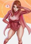  1girl artist_name atom atom_eve bodysuit breasts cape covered_collarbone dandon_fuga green_eyes hand_on_own_hip heart highres invincible_(series) kneehighs large_breasts long_hair orange_hair pink_bodysuit pink_cape salute socks solo spoken_heart superhero thighs two-finger_salute venus_symbol 