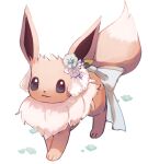  3_toes accessory ambiguous_gender black_eyes black_nose bow_(feature) bow_accessory bow_ribbon brown_body brown_fur canid canine canis chest_tuft digital_media_(artwork) eevee feet feral flower flower_accessory flower_hair_accessory flower_in_hair fur furgonomics generation_1_pokemon hair hair_accessory hi_res looking_at_viewer mammal nintendo plant pokemon pokemon_(species) ribbons sajo_su5 simple_background smile solo tail tail_accessory tail_bow tail_ribbon tan_body tan_chest_tuft tan_fur toes tuft white_background 