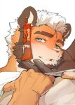 2boys bara beard blush brown_fur cat_boy clothes_lift earrings facial_hair furry furry_with_furry hand_on_another&#039;s_chin hands_up head_grab highres jewelry lifted_by_self looking_at_viewer looking_to_the_side male_focus mature_male me-me_(mouact2) multiple_boys muscular muscular_male original shirt_lift short_hair solo_focus thick_eyebrows upper_body yaoi 