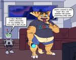  2020 anthro basicbiscuit belly big_belly bottomwear clank_(ratchet_and_clank) clothing controller dialogue duo fur furniture game_controller half-closed_eyes hand_on_hip headgear headwear hi_res holding_controller holding_game_controller holding_object inside lombax machine male mammal narrowed_eyes navel obese obese_anthro obese_male open_mouth overweight overweight_anthro overweight_male playstation playstation_button_symbol playstation_controller playstation_logo playstation_shirt ratchet ratchet_and_clank robot shirt shorts signature sofa sony_corporation sony_interactive_entertainment speech_bubble standing tail tail_tuft teeth television text tongue tongue_out topwear tuft 