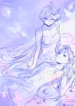  2girls absurdres ahoge bare_shoulders barefoot collarbone couple dated dress gundam gundam_suisei_no_majo hair_between_eyes half-closed_eyes hand_on_another&#039;s_head highres lap_pillow laughing long_hair lying miorine_rembran monochrome multiple_girls on_back purple_background signature sketch spot_color suletta_mercury twitter_username very_long_hair yuri yuri_kyanon 