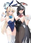  2girls :o absurdly_long_hair absurdres alternate_costume animal_ears black_hair black_leotard blonde_hair blue_archive blue_bow blue_bowtie blue_eyes blue_leotard bow bowtie breasts brown_pantyhose covered_navel detached_collar groin halo hand_up highleg highleg_leotard highres holding holding_tablet_pc large_breasts leotard long_hair medium_breasts microphone mindoll multiple_girls official_alternate_costume open_mouth pantyhose playboy_bunny rabbit_ears rabbit_tail red_bow red_bowtie red_eyes rio_(blue_archive) simple_background tablet_pc tail thighhighs toki_(blue_archive) toki_(bunny)_(blue_archive) very_long_hair white_background white_thighhighs wrist_cuffs 