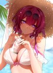  1girl beach bikini breasts can commentary covered_nipples day drinking_straw eyewear_on_head hat head_tilt highres holding holding_can honkai:_star_rail honkai_(series) kafka_(honkai:_star_rail) large_breasts long_hair looking_at_viewer lyusiola outdoors palm_tree purple_eyes purple_hair solo straw_hat sunglasses swimsuit tree water white_bikini 