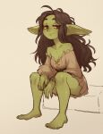  1girl barefoot black_hair blush body_freckles breasts cleavage colored_skin dress english_commentary female_goblin freckles goblin green_skin highres large_breasts long_hair long_pointy_ears looking_at_viewer original pointy_ears shortstack simple_background sitting smile solo tateoftot 
