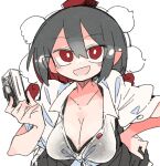  1girl black_hair black_skirt blush breasts camera cleavage collarbone collared_shirt hair_between_eyes hand_on_own_hip hat holding holding_camera large_breasts massakasama open_mouth pointy_ears red_eyes red_headwear shameimaru_aya shirt short_hair short_sleeves simple_background skirt smile solo tokin_hat touhou white_background white_shirt 