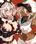  2girls bandaged_arm bandages blonde_hair blue_eyes blush bracelet breasts candy chocolate chocolate_on_body chocolate_on_breasts clover collar dark-skinned_female dark_skin elphelt_valentine food food_on_body four-leaf_clover guilty_gear guilty_gear_strive guilty_gear_xrd heart heart-shaped_chocolate highres holding holding_chocolate holding_food jewelry large_breasts long_sleeves looking_at_viewer medium_hair multiple_girls nose_blush orange_eyes posty_postino ramlethal_valentine red_bandage short_shorts shorts siblings sisters spiked_bracelet spiked_collar spikes white_headwear 