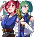  2girls asymmetrical_hair blue_eyes blush breasts cleavage commentary epaulettes green_background green_eyes highres holding looking_at_viewer multiple_girls no_headwear obi onozuka_komachi open_mouth outline red_eyes red_hair rod_of_remorse sash shiki_eiki simple_background spam_(spamham4506) touhou two_side_up upper_body v white_background white_outline 