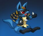  blue_background earrings egyptian_clothes fang furry gold_earrings gradient_background huiro jewelry lucario lucario_(ruins) no_humans open_mouth pokemon pokemon_(creature) red_eyes signature sitting solo usekh_collar 