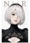  1girl 2b_(nier:automata) black_dress black_hairband breasts cleavage cleavage_cutout clothing_cutout copyright_name d.k dress english_commentary grey_hair hair_over_one_eye hairband head_tilt juliet_sleeves long_sleeves looking_at_viewer mole mole_under_eye nier:automata nier_(series) one_eye_covered parted_lips portrait puffy_sleeves short_hair solo 
