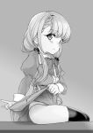  1girl blush bow bowtie braid braided_bangs clothes_lift collared_dress dress dress_lift expressionless greyscale hair_over_shoulder hair_ribbon highres hisakawa_nagi idolmaster idolmaster_cinderella_girls juliet_sleeves lifted_by_self long_hair long_sleeves looking_at_viewer low_twintails monochrome mukago_(mukagomumumu) panties puffy_sleeves ribbon simple_background sitting solo thighhighs twintails underwear 