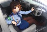  1girl ahoge alternate_costume armband black_pantyhose blue_necktie blue_shirt blue_skirt blush breasts brown_hair car_interior car_seat grin hair_intakes high_heels idolmaster idolmaster_million_live! kamille_(vcx68) large_breasts looking_at_viewer necktie pantyhose pencil_skirt police police_uniform policewoman purple_eyes redrawn shirt side_ponytail side_slit sitting skirt smile solo steering_wheel uniform yokoyama_nao 