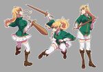  1girl blonde_hair boots breasts brown_footwear clothing_request collared_shirt commentary_request fumitan_(humitan) green_eyes grey_background hair_ornament highres holding holding_sword holding_weapon knee_boots light_blush long_hair long_sleeves medium_breasts original parted_lips pleated_skirt shirt sidelocks simple_background skirt smile standing sword thighhighs thighhighs_under_boots weapon white_shirt white_skirt white_thighhighs winged_hair_ornament wooden_sword zettai_ryouiki 