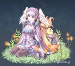  1girl black_thighhighs blue_dress blue_eyes boots breasts cape closed_mouth commentary_request dress feathered_wings flower grey_hair long_hair looking_at_viewer melia_antiqua on_grass orange_flower pink_cape sitting small_breasts smile thighhighs thighhighs_under_boots twitter_username uzumaki_(skydirt) white_footwear white_wings wings xenoblade_chronicles_(series) xenoblade_chronicles_1 yokozuwari 