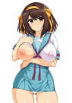  1girl blue_skirt breasts brown_eyes brown_hair cameltoe covered_nipples hairband haruhisky highres kita_high_school_uniform looking_at_viewer medium_breasts medium_hair nipples one_breast_out panties pantyshot ribbon school_uniform serafuku short_hair skirt solo suzumiya_haruhi suzumiya_haruhi_no_yuuutsu sweat thighs underwear white_background yellow_hairband 