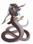  absurd_res ansart anthro apode archer arrow_(weapon) asian_clothing bow_(weapon) bracelet clothing draconcopode east_asian_clothing grey_body hat headgear headwear hi_res japanese_clothing jewelry legless male naga ranged_weapon reptile scalie serpentine smile snake solo weapon 