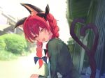  1girl :d animal_ears bangs braid cat_ears cat_tail commentary_request extra_ears highres kaenbyou_rin kiritanpo117 long_sleeves looking_at_viewer medium_hair multiple_tails nekomata open_mouth outdoors red_eyes red_hair side_braids smile solo tail touhou twin_braids two_tails 