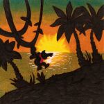  animal_focus ape donkey_kong donkey_kong_(series) english_commentary grass island jumping necktie no_humans orange_sky palm_tree plant red_necktie ripples silhouette sky solo sunset thenextgenhero traditional_media tree vines water 