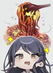  1girl absurdres black_hair blush bread drooling food food_focus highres hoshino_ichika_(project_sekai) long_hair mouth_drool no_nose noodles open_mouth original project_sekai solo steam tongs torianco3 yakisoba yakisobapan 