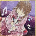  1girl braid brown_hair closed_eyes commentary dutch_angle facing_viewer from_above hair_over_shoulder highres holding holding_instrument instrument koto_(patina375887) long_hair long_sleeves madotsuki music musical_note on_floor painting_(medium) photo-referenced pink_sweater playing_instrument purple_background raised_eyebrows recorder red_footwear red_skirt shikishi shoes sitting skirt solo sweater symbol-only_commentary traditional_media turtleneck turtleneck_sweater twin_braids wariza watercolor_(medium) yume_nikki 