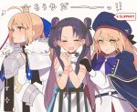  3girls ahoge armor armored_dress artoria_caster_(fate) artoria_caster_(second_ascension)_(fate) artoria_caster_(third_ascension)_(fate) artoria_pendragon_(fate) bare_shoulders belt beret black_gloves blonde_hair blue_cape blue_headwear blue_ribbon blush body_markings breastplate breasts brown_hair cape capelet closed_eyes crown dress facial_mark fate/grand_order fate_(series) faulds forehead_mark fur-trimmed_capelet fur_trim gloves green_eyes grey_dress hair_ribbon hat hood hooded_cape iyo_(fate) large_breasts long_hair long_sleeves multicolored_cape multicolored_clothes multiple_girls parted_bangs red_cape ribbon sash small_breasts tearing_up translation_request twintails uxco0 very_long_hair white_capelet white_dress 