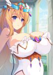  1girl aphrodite_(kamihime_project) bare_shoulders blonde_hair blue_eyes blush breasts brooch cleavage closed_mouth covered_navel dot_nose eari frills hair_between_eyes highres huge_breasts indoors jewelry kamihime_project long_hair looking_ahead solo tiara upper_body 