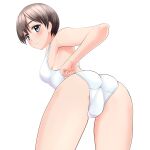  1girl absurdres ass black_hair competition_swimsuit crotch_seam from_behind grey_eyes highres leaning_forward looking_at_viewer looking_back one-piece_swimsuit original parted_lips short_hair solo standing swimsuit takafumi white_one-piece_swimsuit 