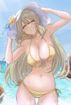  1girl :d ^_^ absurdres adjusting_clothes adjusting_headwear armpits ass_visible_through_thighs bikini blue_archive blue_sky breasts cleavage closed_eyes collarbone commentary_request grey_hair grin hair_between_eyes halo hat head_tilt highres horizon long_hair looking_at_viewer navel nonomi_(blue_archive) nonomi_(swimsuit)_(blue_archive) ocean official_alternate_costume ogura_toast side-tie_bikini_bottom sidelocks sky sleeveless smile solo spaghetti_strap stomach sun_hat sunlight swimsuit wet wet_clothes wet_swimsuit yellow_bikini 