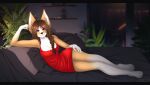  anthro bed bedroom braided_hair braided_ponytail brown_hair canid canine canis celeste_(art_preben) clothed clothing domestic_dog dress female furniture hair herding_dog lying mammal on_side pastoral_dog ponytail purple_eyes red_clothing red_dress solo welfi welsh_corgi 