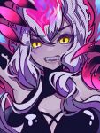  1girl absurdres arms_up breasts claw_(weapon) colored_skin demon evelynn_(league_of_legends) eyeshadow fangs grey_hair hair_between_eyes highres kawaguti_kappa large_breasts league_of_legends long_hair looking_at_viewer makeup open_mouth sidelocks smile solo teeth upper_body v-shaped_eyebrows weapon yellow_eyes 