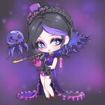  1girl artist_name black_gloves black_hair braid chibi crown_braid dress du_xifei facial_tattoo full_body gloves hat highres holding holding_smoking_pipe kumu_zaisheng long_dress long_hair looking_to_the_side mini_hat multicolored_hair octopus purple_background purple_dress purple_eyes purple_hair red_footwear smile smoking_pipe solo streaked_hair tattoo ye_luoli 