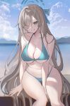  1girl asuna_(blue_archive) bare_arms bare_shoulders bikini blue_archive blue_bikini blue_eyes blue_sky cloud commentary day feet_out_of_frame grey_hair grin komuer long_hair looking_at_viewer navel sitting sky smile solo stomach swimsuit thighs very_long_hair 