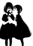  2girls blowing blunt_bangs blunt_ends bob_cut collared_dress covered_mouth dress expressionless feet_out_of_frame greyscale half-closed_eyes highres holding holding_pinwheel leaning_forward long_hair looking_at_viewer looking_to_the_side monochrome multiple_girls no_lineart no_pupils original pinwheel profile puffy_short_sleeves puffy_sleeves short_hair short_sleeves simple_background standing straight-on taira_(tiririrt) twintails two-handed 