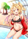  bikini black_bikini blonde_hair breasts flandre_scarlet highres jacket large_breasts open_clothes open_jacket open_mouth pool red_eyes red_jacket sakuramiya_nya smile swimsuit thighs touhou v 