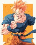  1boy amputee angry biceps blonde_hair blue_sash blue_shirt blue_wristband border bruise bure_(fantasticyouth7) clenched_hand collarbone commentary_request dougi dragon_ball dragon_ball_z green_eyes hand_up highres injury male_focus missing_limb muscular muscular_male open_mouth orange_background outside_border pectorals sash scar scar_on_face scratches shirt short_hair short_sleeves simple_background solo son_gohan son_gohan_(future) spiked_hair super_saiyan super_saiyan_1 teeth tongue torn_clothes torn_shirt v-shaped_eyebrows white_border wristband 