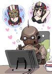  1boy 1girl :o ardainian_soldier armor armpits arms_behind_head black_one-piece_swimsuit breasts brown_eyes brown_hair chair cleavage closed_mouth coffee cup heart helmet highres holding holding_stylus kurume_sml looking_at_viewer military military_uniform morag_ladair_(obligatory_leave)_(xenoblade) morag_ladair_(xenoblade) mug multiple_views one-piece_swimsuit open_mouth pauldrons shoulder_armor simple_background smile stylus swimsuit table tablet_pc thought_bubble uniform white_background xenoblade_chronicles_(series) xenoblade_chronicles_2 